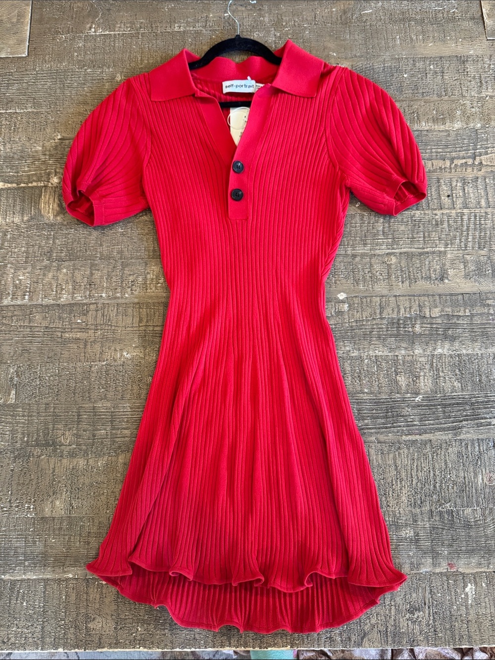 Self-portrait Red Ribbed Polo Dress with Puff Sleeves
